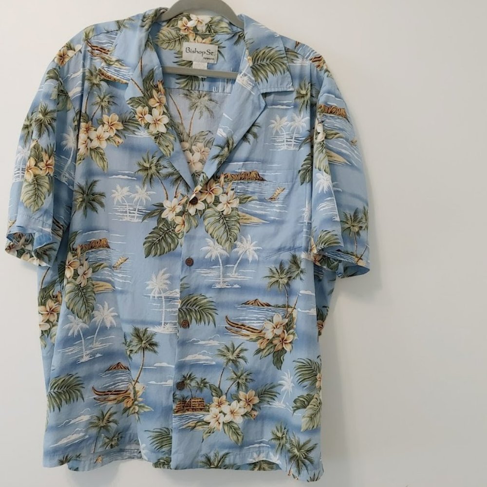 Men's Bishop St hawaiian Button up Shirt Tropical Beautiful Blue Size 2XL. Preow